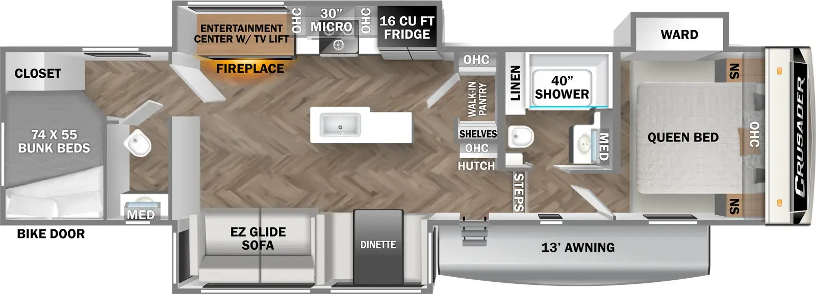 The 333BHT has three slideouts and one entry. Exterior features a 13 foot awning and rear bike door. Interior layout front to back: foot-facing queen bed with overhead cabinets and night stands on each side, and and off-door side wardrobe slideout; off-door side full bathroom with linen closet and medicine cabinet;  steps down to the entry door and living area; hutch, overhead cabinet, and walk-in pantry with shelves and overhead cabinet along inner wall; off-door side slideout with refrigerator, overhead cabinets, microwave, cooktop, and entertainment center with TV lift and fireplace below; door side slideout with dinette and EZ glide sofa; kitchen island with sink; rear bunk area with door side half bathroom, rear bunk beds and closet.